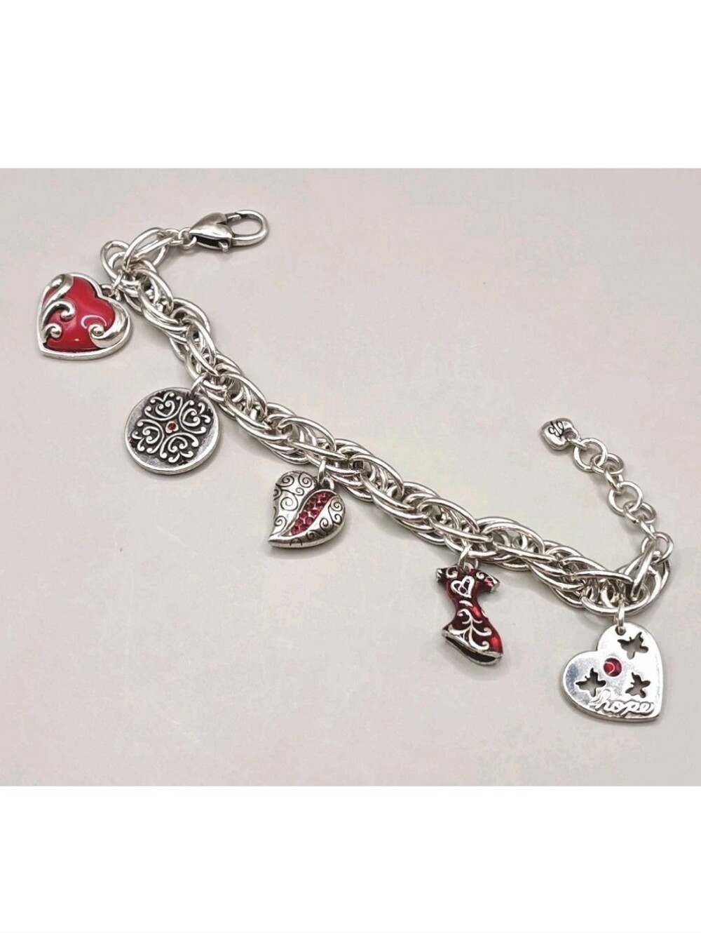 Brighton Charm Bracelet Go Red Enamel Heart Butterfly Silver Plated Rope Chain - Picture 12 of 13